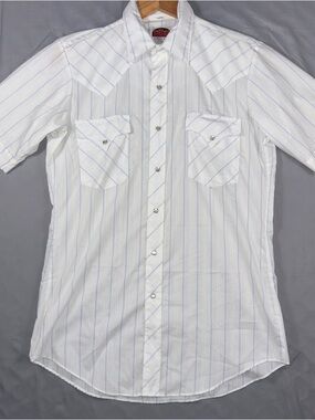 Vintage Miller Shirt Mens Medium White Stripe Western Pearl Snap Short Sleeve